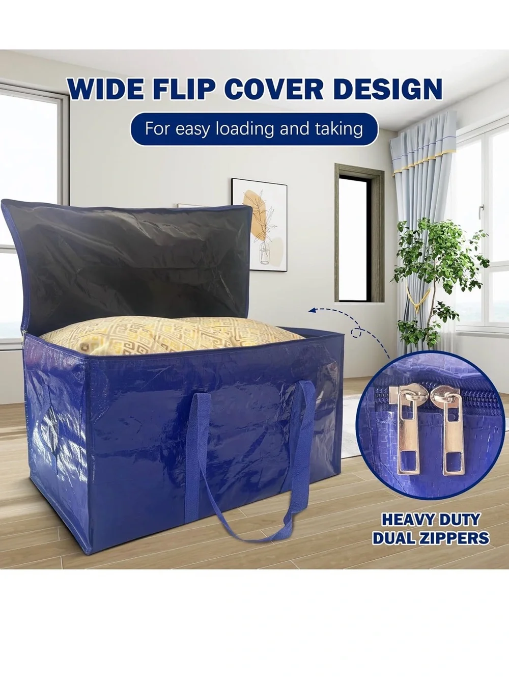 Large Blue Bedding Storage Bag with Handles for Home Organization